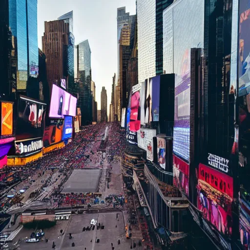 Prompt: : pov picture standing on edge of building in time square new york, cannon photo, 8 k, roof topping, high constrast