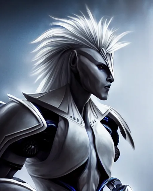 Prompt: perfect white haired egyptian male god, brute, warframe armor, beautiful, symmetric, dreamy, half african, black salamander eyes, charlize theron, detailed, scifi platform, laboratory, experiment, 4 k, ultra realistic, epic lighting, android body, illuminated, cinematic, masterpiece, art by akihito tsukushi, voidstar