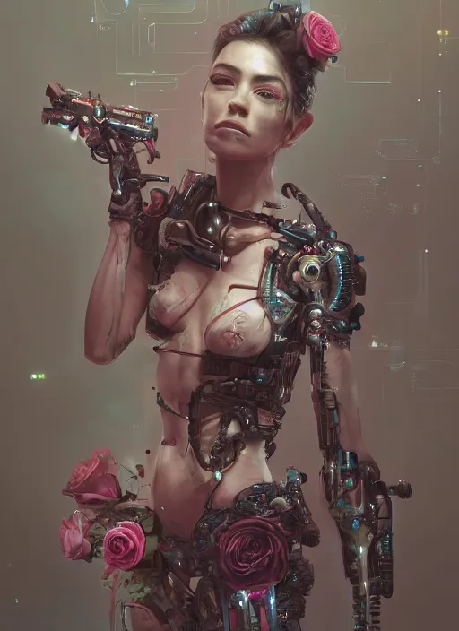 Prompt: portrait of a seductive female with roses, cyberpunk cyborg. roses, muted colors, sci fi, intricate abstract upper body intricate artwork, by tooth wu, wlop, beeple, dan mumford. concept art, octane render, deviantart, greg rutkowski, cinematic arthouse, key art, hyper realism,