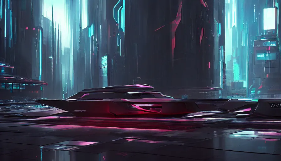 Image similar to concept art of a futuristic dark cyberpunk distopia with reflections, rendering in octane and redshift