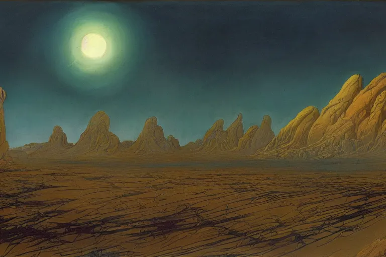 Image similar to a martian landscape, by ralph mac quarrie and francois schuiten and albert bierstadt and james jean, cinematic lighting, moody atmosphere, golden ratio, perfect composition, elegant and delicate, concept art, high quality