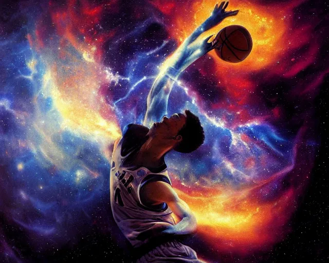 Image similar to cosmic basketball player dunking in a nebula, an oil painting, by ( leonardo da vinci ) and greg rutkowski and rafal olbinski ross tran airbrush time magazine