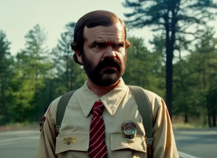 Image similar to film still of jim hopper as mike wheeler in stranger things, 8 k