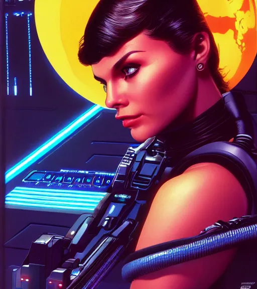 Image similar to cable plugged in, side of head, very very beautiful woman, cyberdeck computer terminal, street level night city, 1 9 7 9 omni magazine cover, style by vincent di fate, artgerm, cyberpunk 2 0 7 7, very coherent, detailed, 4 k resolution, unreal engine, daz