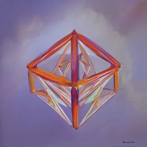 Prompt: an oil painting of an accurate icosahedron