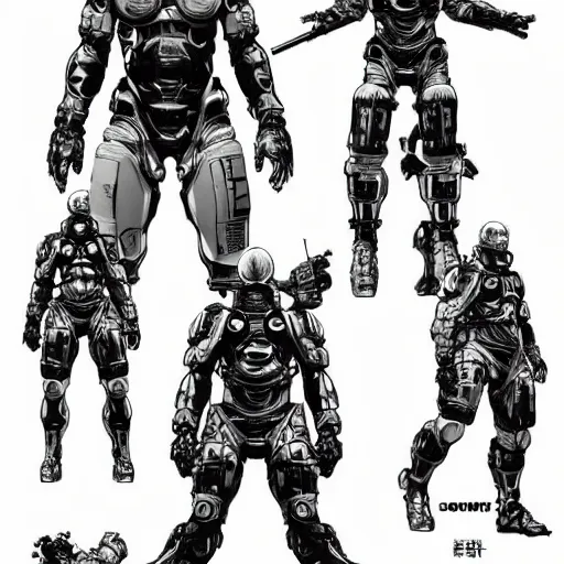 Image similar to character sheet of Ludens from Kojima Productions by Yoji Shinkawa with Artgem and Glenn Fabry, trending on Artstation concept arts