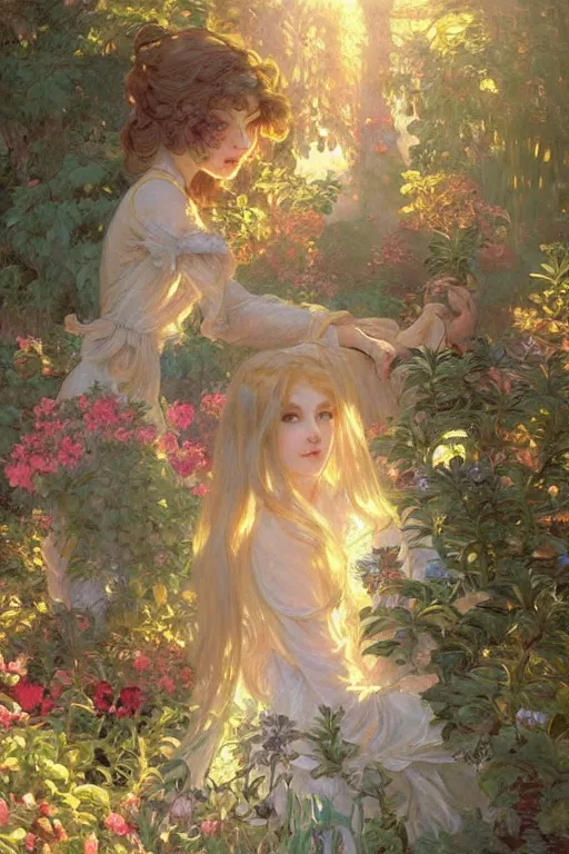 Image similar to a beautiful painting of a garden, ray of light, warm, shimmering and prismatic, rococo, by krenz cushart and mucha and monet, trending on artstation.