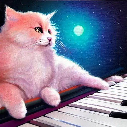 Image similar to an fluffy cat playing an piano, synthwave, digital art, oil painting, 3 d