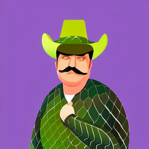 Image similar to hyperreal morbidly obese 2000kilo snake oil salesman wearing authentic purple green sip tech cowboy augmentation and curly snake moustache, fat man standing in front of blank background