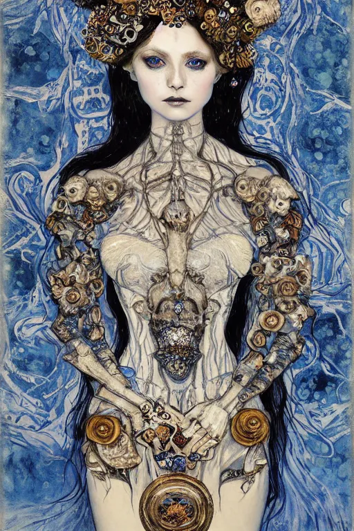 Image similar to The Princess of Bones by Karol Bak, Jean Deville, Gustav Klimt, and Vincent Van Gogh, portrait of a porcelain princess wearing a crown in catacombs, porcelain ball-joint doll face with blue painted tattoos, pale blue eyes, hair made of shimmering ghosts, mystic eye, otherworldly, crown made of bones, catacombs, ornate jeweled crown, skulls, fractal structures, arcane, inscribed runes, infernal relics, ornate gilded medieval icon, third eye, spirals