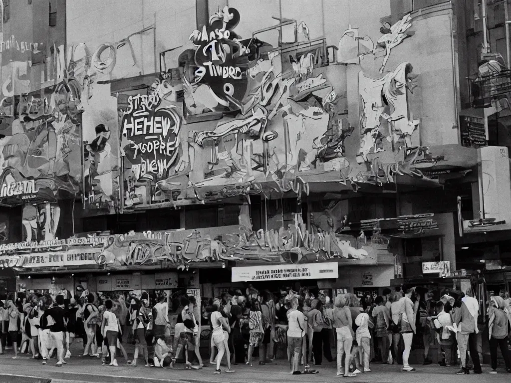 Prompt: a photograph taken with anscochrome 2 0 0, street view of the new theater of the town, with a back to the future banner, a lot of people in a line to enter the theater, ultra detailed, almost night, 1 9 8 5,