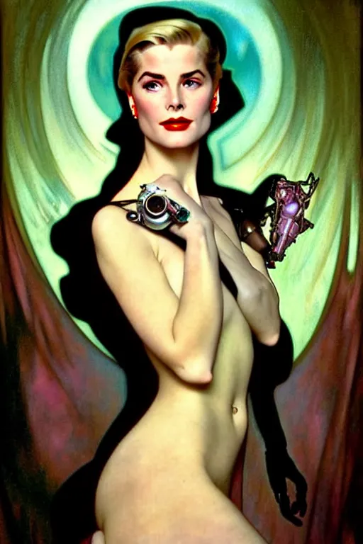 Image similar to young and beautiful evil cyborg grace kelly by steichen in the style of tom bagshaw, alphonse mucha, gaston bussiere, cyberpunk. anatomically correct elegant cybernetic body mods. extremely lush detail. masterpiece. melancholic scene infected by night. perfect composition and lighting. sharp focus. high contrast lush surrealistic photorealism. sultry evil plan.