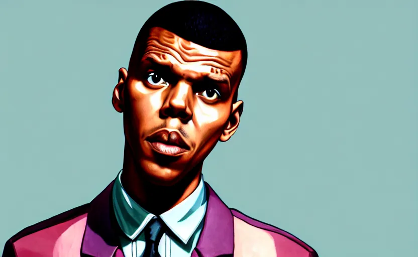 Prompt: Stromae in GTA V loading screen by Stephen Bliss, outline, centered, covert art, GTA