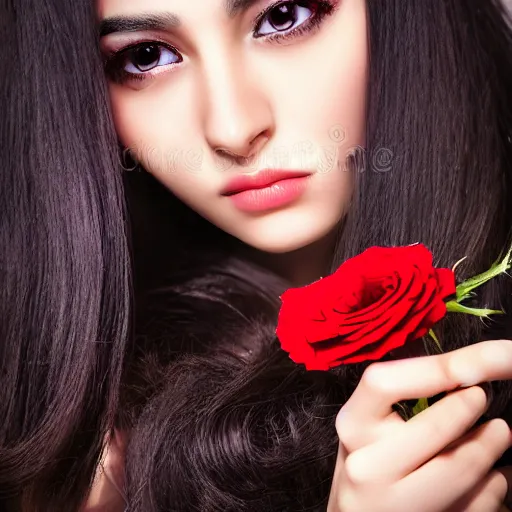 Prompt: young girl arabic oriental, black long hair, sharpe eyes very very beautiful, holding red rose high resolution 8 k, very detailed