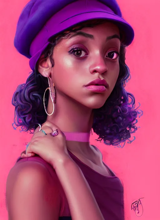 Image similar to portrait of teenage vanessa morgan with bright pink hair, black girl, curly pixie cut hair, wearing a purple breton cap, breton cap, hoop earrings, intricate, elegant, glowing lights, highly detailed, digital painting, artstation, concept art, smooth, sharp focus, illustration, art by wlop, mars ravelo and greg rutkowski