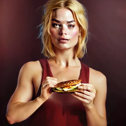 Image similar to portrait of a Margot Robbie eating a hamburger, extra onions and ketchup, luscious patty with sesame seeds, masculine, handsome, D&D, fantasy, intricate, elegant, highly detailed, digital painting, artstation, concept art, matte, sharp focus, illustration, art by Artgerm and Greg Rutkowski and Alphonse Mucha