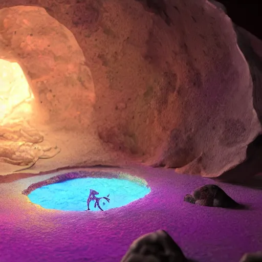 Prompt: photorealistic dinosaur skeleton inside a geode of colored crystals, volumetric lighting