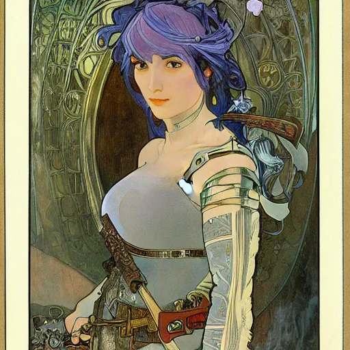 Prompt: realistic portrait of an elf girl with blue hair wore black armor, the silver sword shone, the battlefield is behind her, fire, city, 8K by Alphonse Mucha, H. R. Giger