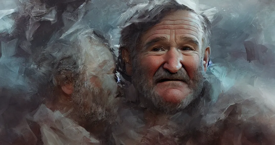 Image similar to robin williams as god, heavem, portrait, intricate, detailed, volumetric lighting, scenery, digital painting, highly detailed, artstation, sharp focus, illustration, concept art, ruan jia, steve mccurry