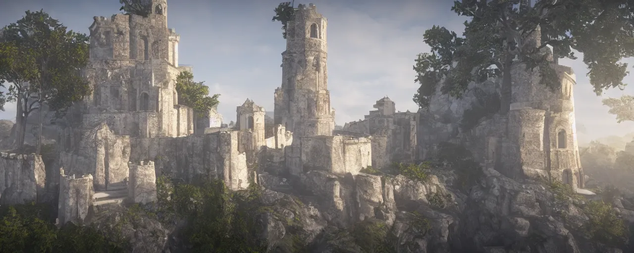 Prompt: white monastery with large tower upon sheer lime cliffs, a ray of sun illuminating, unreal engine 5 render, 8k, dramatic lighting