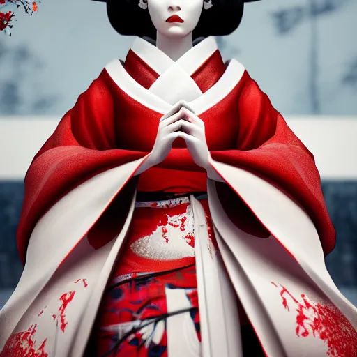 Image similar to kitsune geisha fancy hakama, full body, unreal engine octane, red and white, gliter, depth of field, 8k, hyper detailed, trending on artstation