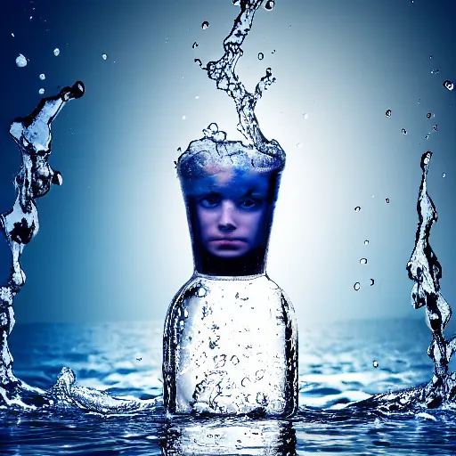 Prompt: a human head in a bottle water art manipulation, on the ocean water, futuristic, glowing, hyper realistic, ray tracing, realistic water splashes, sharp focus, long shot, 8 k resolution, cinematic, photoshop art