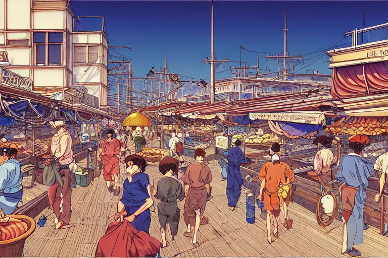 Prompt: cel-shaded study of a coastal city fish market a late renaissance city docks, key visual with intricate linework, in the style of moebius, ayami kojima, 90's anime, retro fantasy