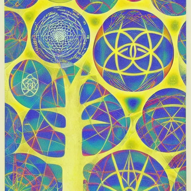 Image similar to sacred geometry tree of life in a minimalist collage of geometric shapes, tetrachromacy, primary colors, in the style of ikko tanaka, japanese graphic design, 1 9 8 0, by ernst haeckel