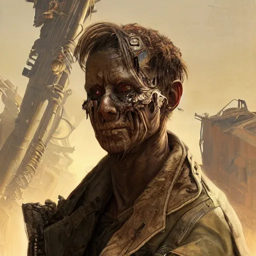 Prompt: portrait painting of a post apocalyptic madman, ultra realistic, concept art, intricate details, insane, eerie, highly detailed, fallout, wasteland, photorealistic, octane render, 8 k, unreal engine 5. art by artgerm and greg rutkowski and alphonse mucha