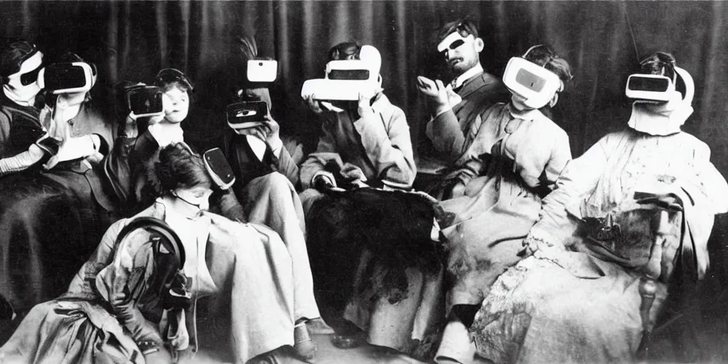 Image similar to 1 9 0 0 s photo of people using iphones ipods virtual reality headsets vr watching hd tv