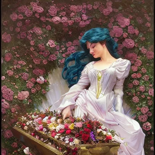 Image similar to an elaborate coffin with a mysterious sleeping beauty holding a large bouquet of flowing flowers, hands hidden under the bouquet, side view, fantasy, regal, intricate, by stanley artgerm lau, greg rutkowski, thomas kindkade, alphonse mucha, loish, norman rockwell