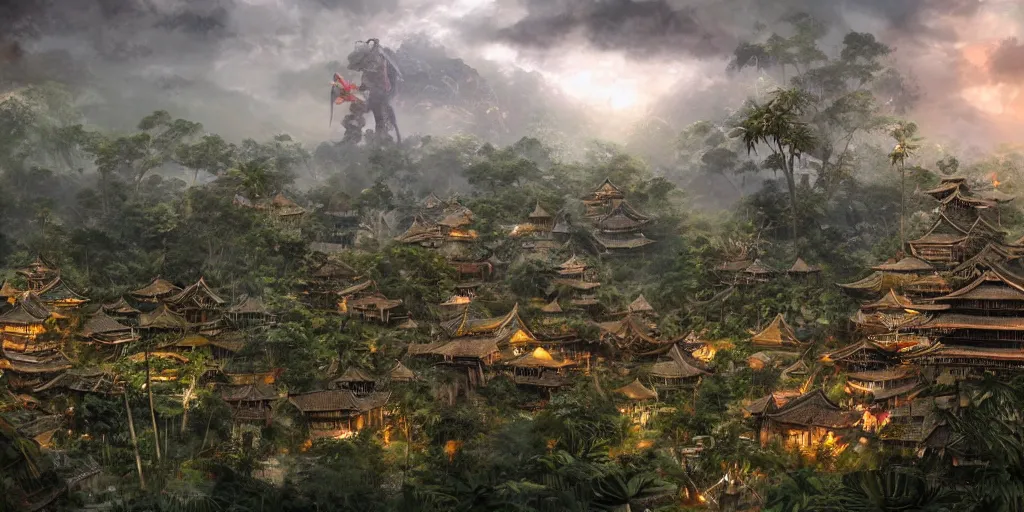 Image similar to a gigantic standing haunted samurai guardian dominates a huge hidden bamboo village in the jungle, evening, ominous sky, flags, matte painting, craig mullins