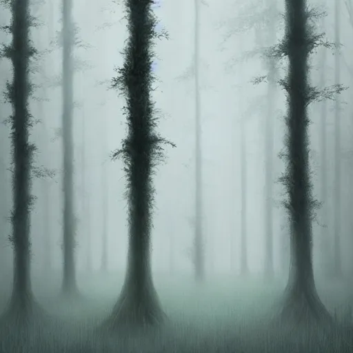 Image similar to A beautiful but eerie forest, shrouded in mist that is filled with scary glowing monsters, in the style of Keith Thompson and Zdzislaw Beksinski, Artstation HD, 8k, Surrealistic digital artwork,