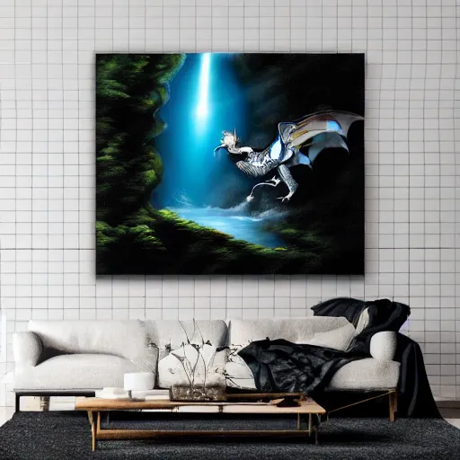 Image similar to oil painting of a dragon flying in the air near a cave with a waterfall in the center, light emanating from the waterfall leading to a big pool of water, dragon has black and white siberian tiger stripes, elegant, sharp focus, wide shot, clear, detailed, early renaissance