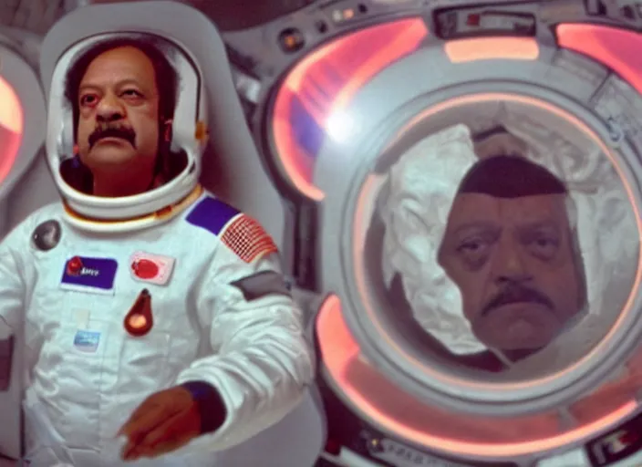 Prompt: film still of Cheech Marin as Dr. Dave Bowman in 2001 A Space Odyssey