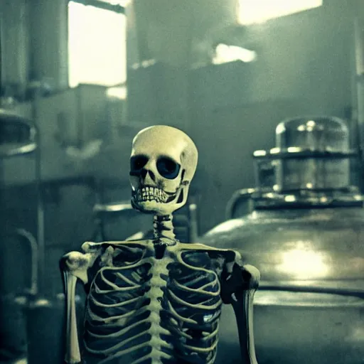 Image similar to a skeleton working in a distillery. still from blade runner
