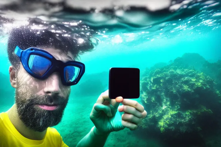 Image similar to high quality 4 k resolution go pro photo of storm god poseidon taking a selfie of himself underwater look king confused holding his trident