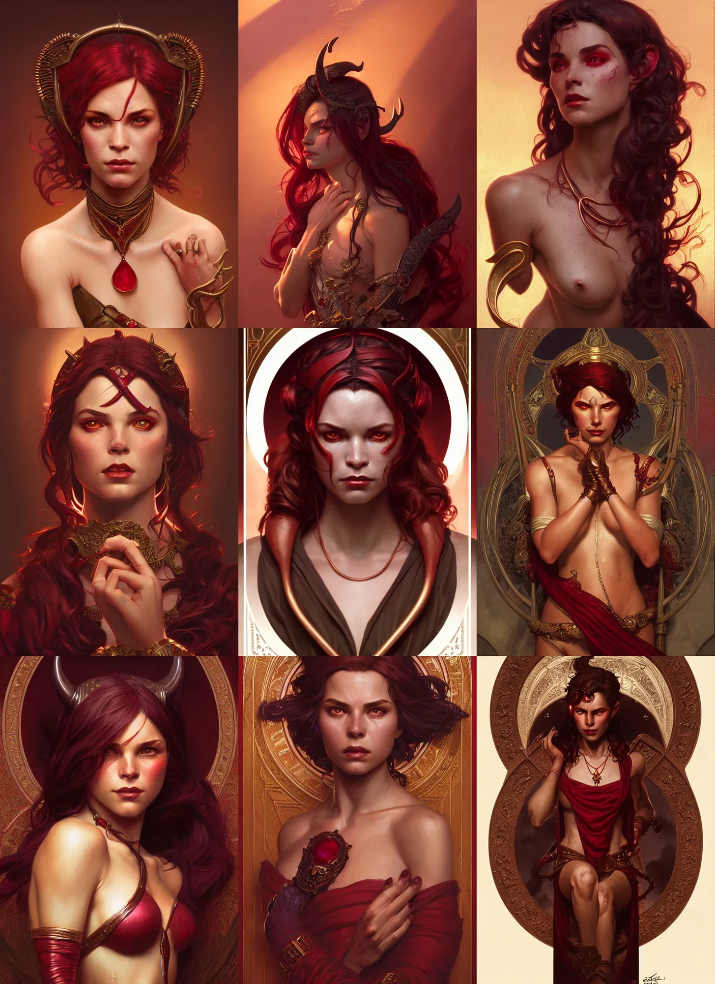 Prompt: an evocative portrait of the tiefling ruby herald, bronze skin, tone mapped, shiny, intricate, cinematic lighting, highly detailed, digital painting, artstation, concept art, smooth, sharp focus, illustration, art by terry moore and greg rutkowski and alphonse mucha