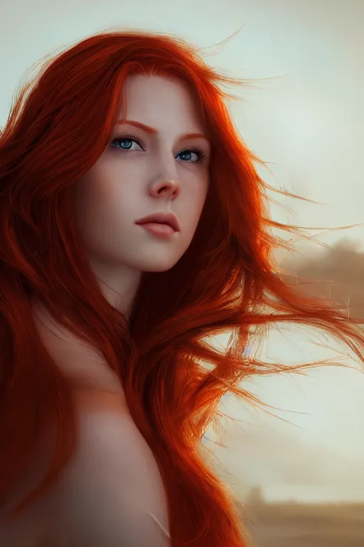 Prompt: hyperrealistic portrait of stunningly beautiful redhead girl in a dawn light, trending on artstation,ultrawide angle, f8, polarizer , unreal engine