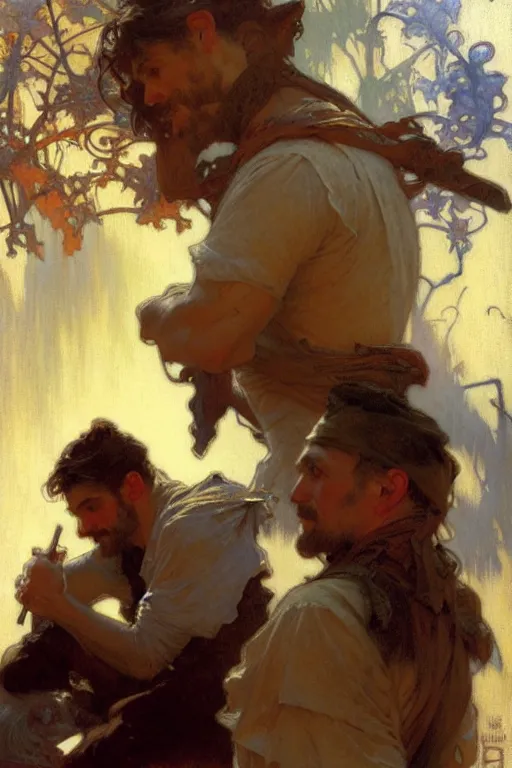 Image similar to 2 attractive men, painting by gaston bussiere, craig mullins, greg rutkowski, alphonse mucha