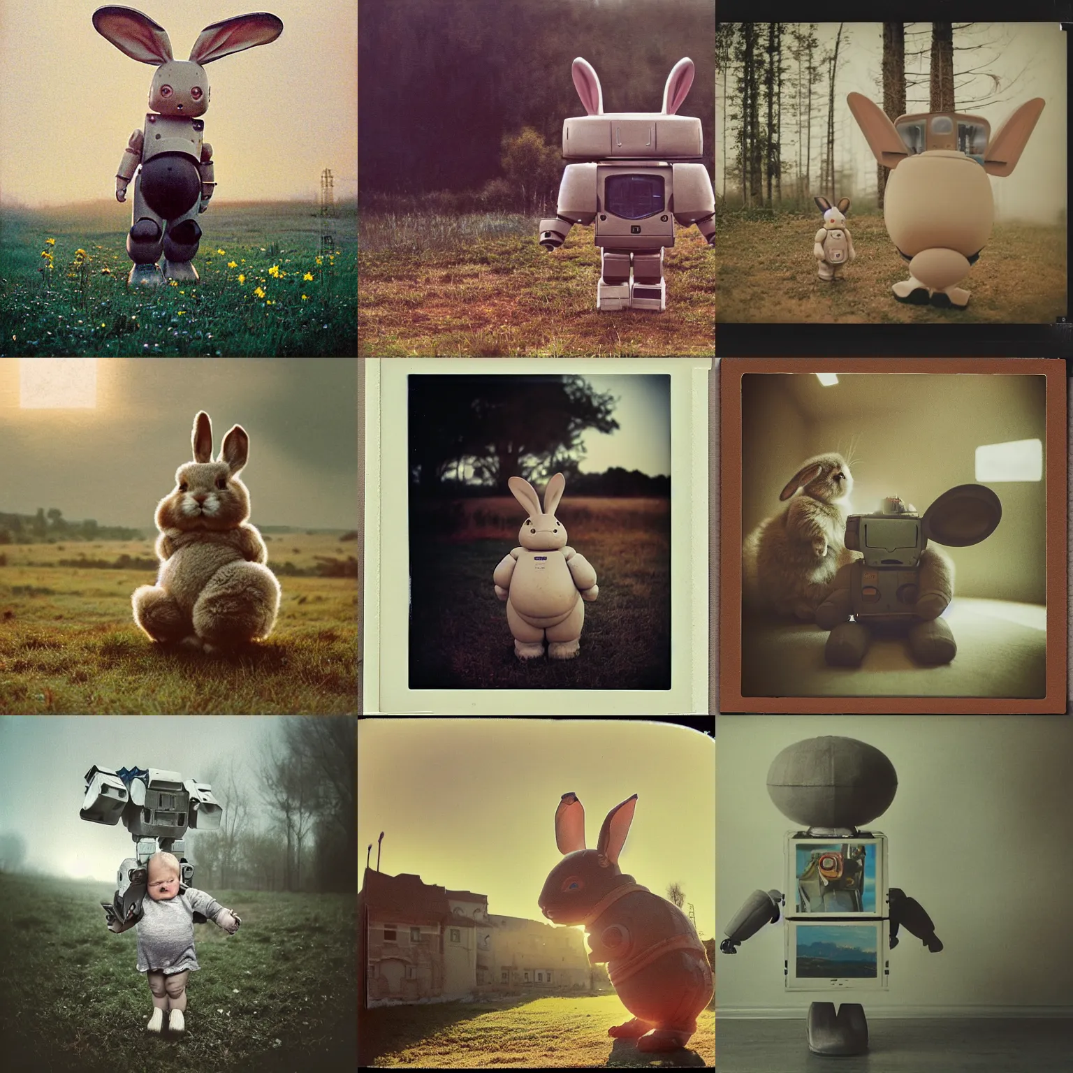 Prompt: giant oversized chubby baby rabbit robot mech with big rabbit ears on a vilage , Cinematic focus, Polaroid photo, vintage, neutral colors, soft lights, foggy, panorama by Steve Hanks, by Serov Valentin, by lisa yuskavage, by Andrei Tarkovsky