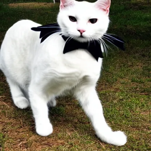 Prompt: A photograph of a white cat wearing a black suit
