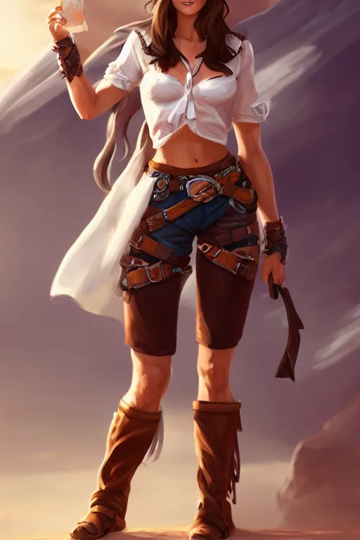 Image similar to full body, female cowgirl, perfect face, white blouse, 8 k, magic the gathering, desert, d & d, artstation, high detail, smooth, muscular