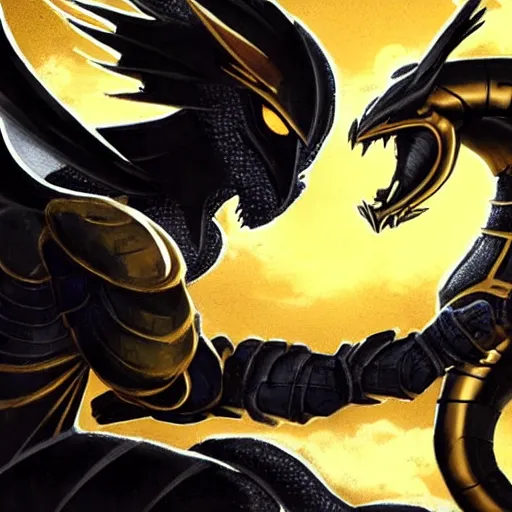 Image similar to black and gold knight fighting cyber dragon, honorable, cinematic, sharp