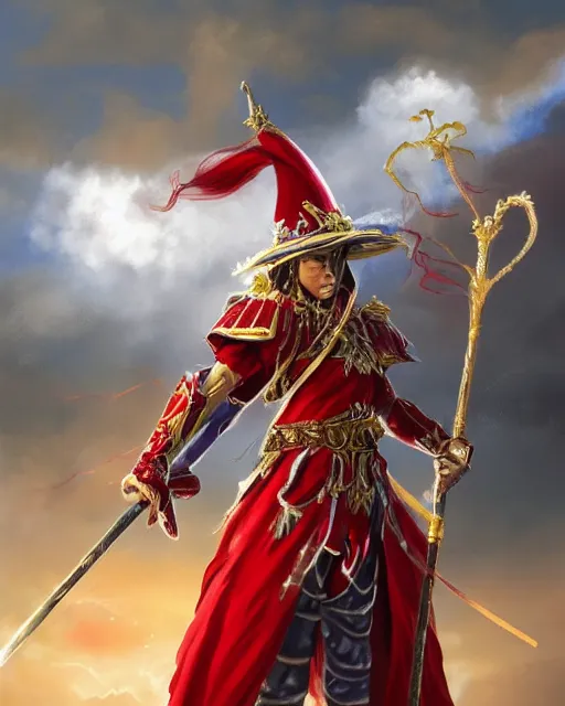 Prompt: A Full View of a Red Mage wearing red white and gold striped magical shining armor and a feathered hat holding a staff of power with a gemstone topper surrounded by an epic cloudscape. Magus. Red Wizard. Magimaster. Conquistador armor. Red and white striped cape. masterpiece. 4k digital illustration. by Ruan Jia and Mandy Jurgens and Artgerm and greg rutkowski and and Andreas Rocha and William-Adolphe Bouguereau and Edmund Blair Leighton, award winning, Artstation, art nouveau aesthetic, Alphonse Mucha background, intricate details, realistic, panoramic view, Hyperdetailed, 8k resolution, intricate art nouveau