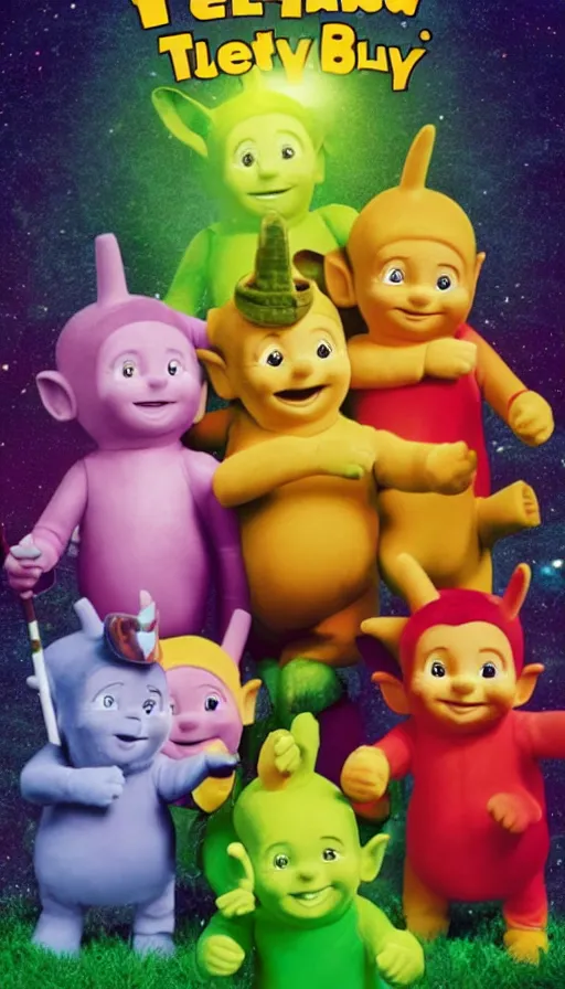 Image similar to movie poster for a movie about teletubbies in hell