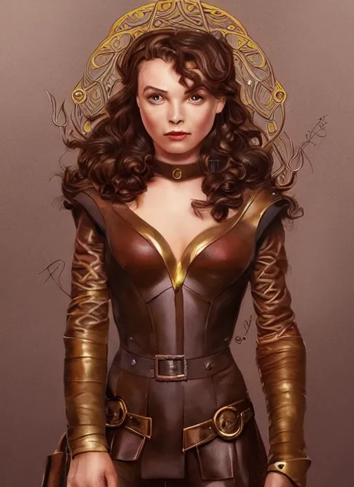 Image similar to beautiful female dorothy gale, rebecca romijn as dorothy, full body character concept, covered in full leather armor, art nouveau, super powers, fantasy, intricate, elegant, highly detailed, digital painting, artstation, concept art, shining, sharp focus, illustration, art by stanley lau