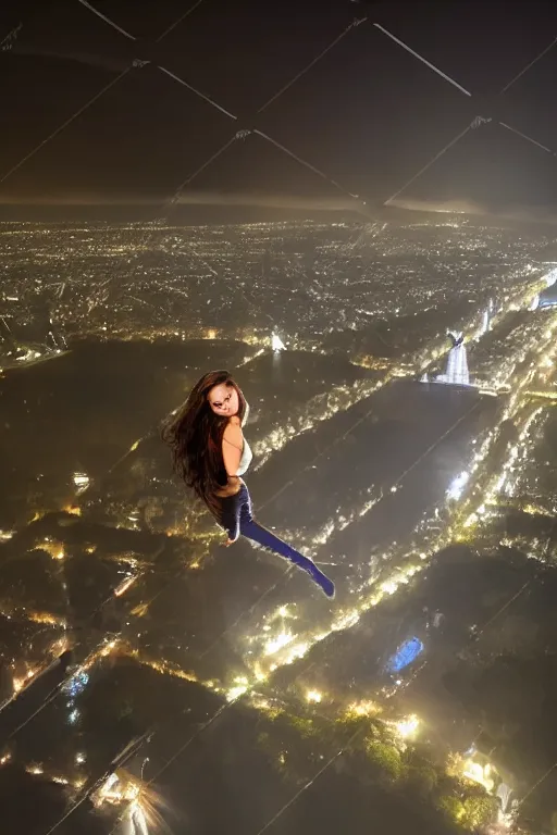 Prompt: hispanic female teen clambing, climber point of view 200m above Paris, at night, downpour, still from Mission Impossible action movie, action scene