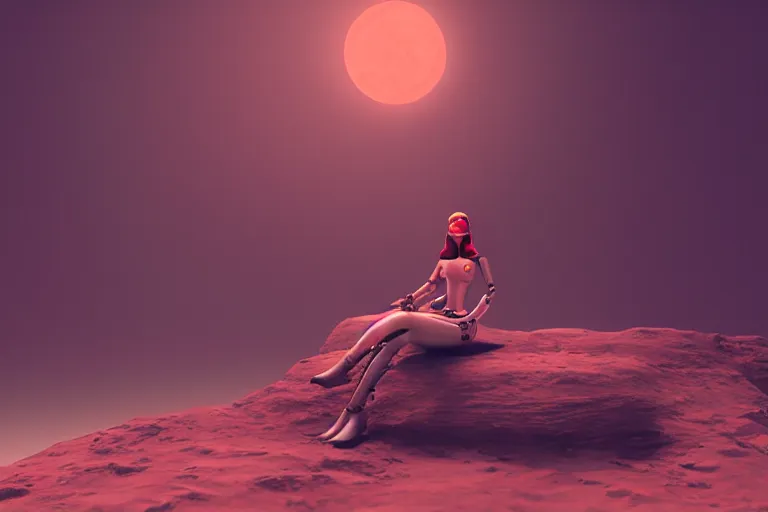 Image similar to a beautiful girl robot sitting on mars relaxing, red lighting, mist, blender render,