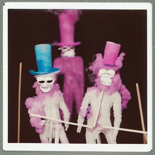 Prompt: polaroid of figures made from cotton candy, smoke and sticks, wearing top hats and huge masks